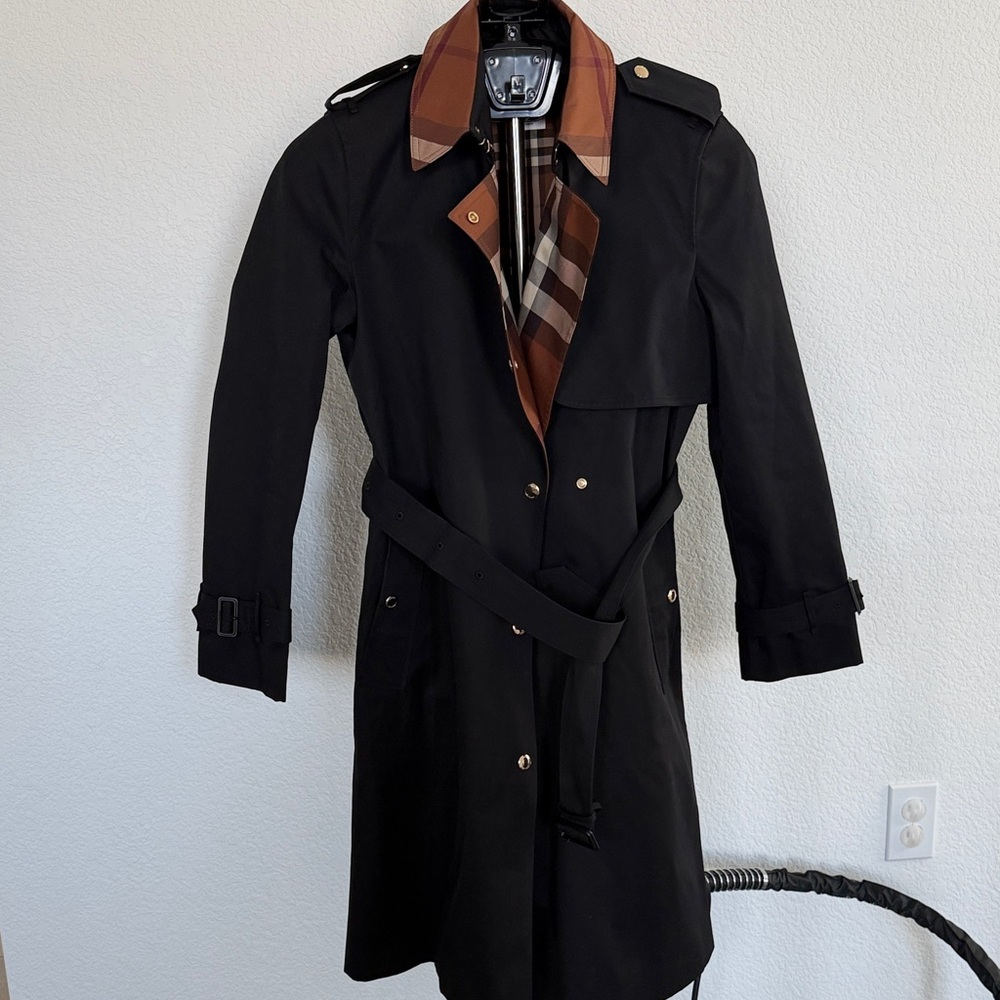 Burberry Black Trench Coat with Brown Plaid Trim